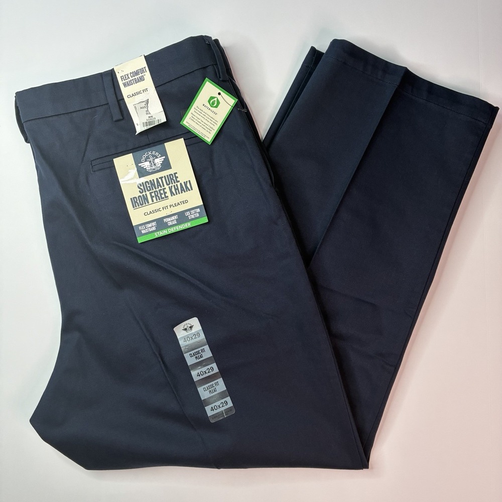Dockers Signature Khakis Men's 40x29 Blue Classic Fit Pleated Comfort Waistband